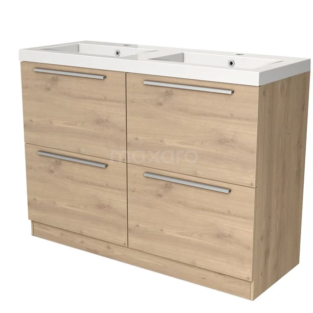 Houten badkamermeubel met dubbele witte wastafel, vier lades en metalen grepen, modern ontwerp voor stijlvolle badkamers.