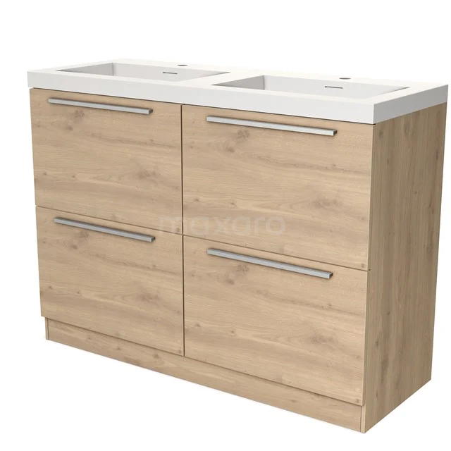 Houten badkamermeubel met dubbele wastafel, vier lades en metalen handgrepen, perfect voor een moderne badkamerstijl.