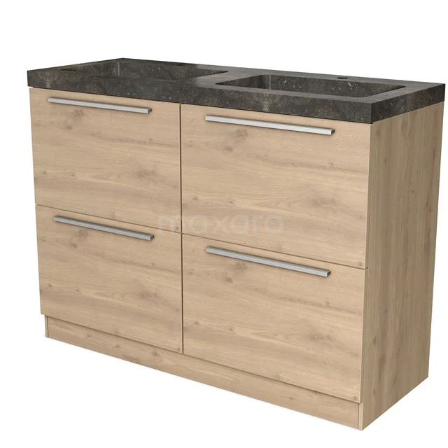 Houten badkamermeubel met lades, zwart stenen blad en geïntegreerde wastafel, ideaal voor stijlvolle badkameropberging.