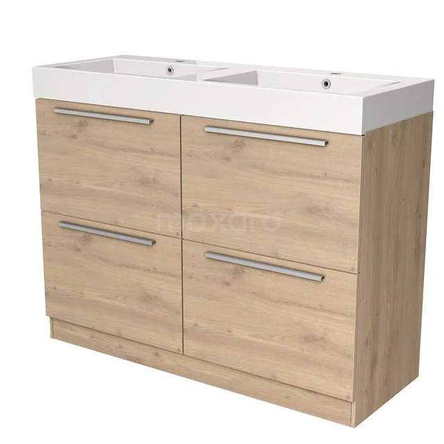Houten badkamermeubel met dubbele witte wastafel, voorzien van strakke lades en moderne grepen, ideaal voor een stijlvolle badkamer.