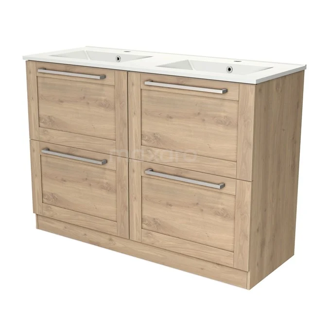 Wooden bathroom unit with double basin, four drawers and modern design, ideal for stylish and practical bathroom design.
