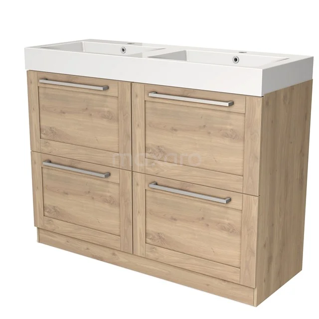 Oak bathroom unit with double white ceramic sink, modern stainless steel handles and four spacious storage drawers.