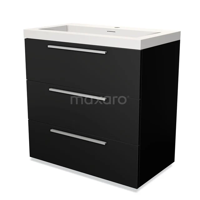 Badmöbel 80cm Modulo Matt Schwarz 3 Schubladen Flaches Solid Surface Waschbecken BMW19-00005 Schwarzes Badmöbel mit drei Schubladen und weißer keramischer Waschtischplatte, modernes Design aus Hochglanzmaterial.