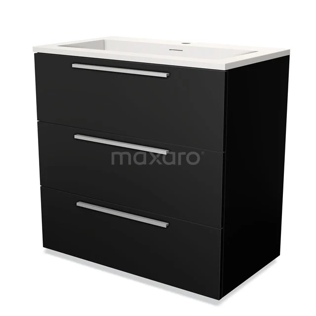 Schwarzer Badschrank mit matter Oberfläche, zwei Schubladen und integriertem keramischen Waschbecken, modernes und funktionales Design.