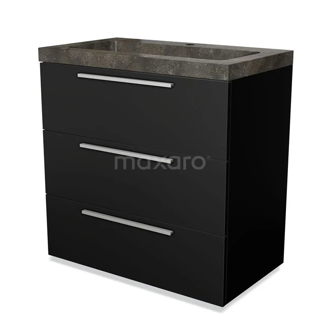 Black bathroom furniture set with two drawers and a concrete-look basin, ideal for modern bathroom fittings.