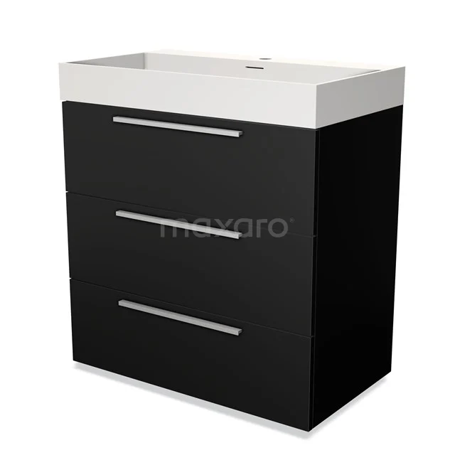 Black Bathroom unit with three drawers, white vanity units with basin and sleek handles, modern design, ideal for stylish bathrooms.