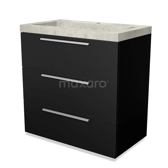 Black bathroom unit with concrete worktop, modern sleek drawers and metal handles, ideal storage solution for the bathroom.