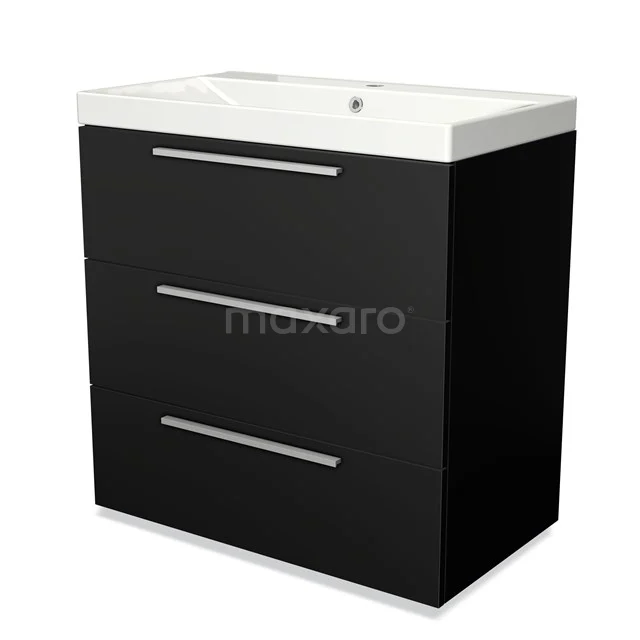 Black bathroom unit with sink, three drawers and sleek metal handles, modern design, ideal for stylish bathrooms.