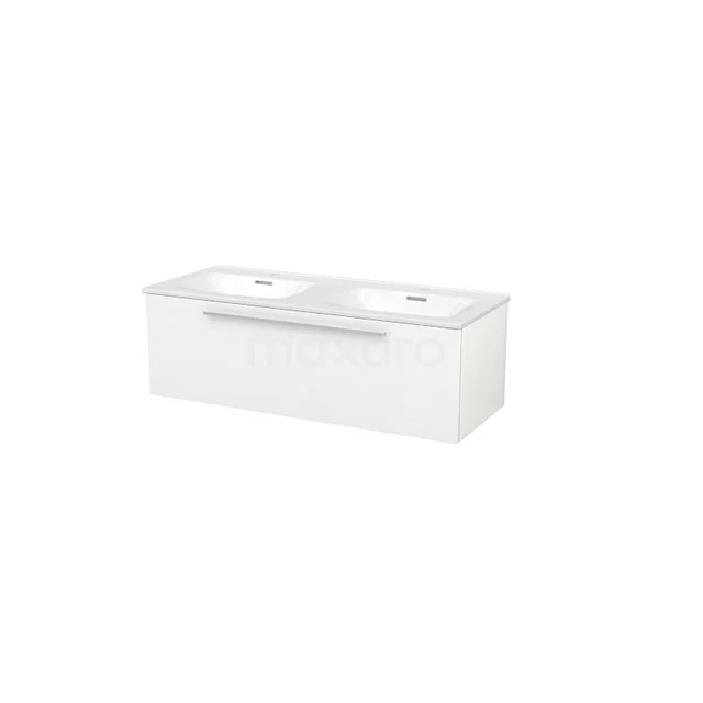 White double vanity unit with sleek design, part of a modern bathroom collection, fitted with handy storage drawers.