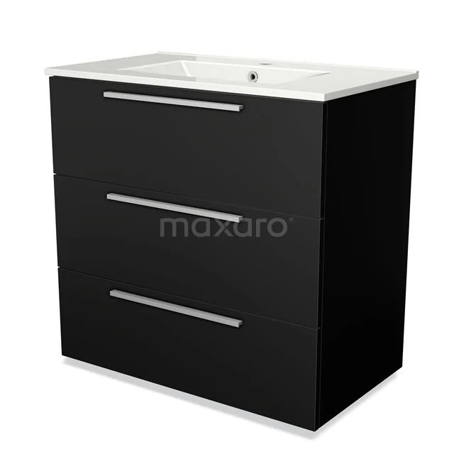 Black vanity unit with three drawers, white ceramic basin, modern design, ideal for stylish bathroom storage solutions.