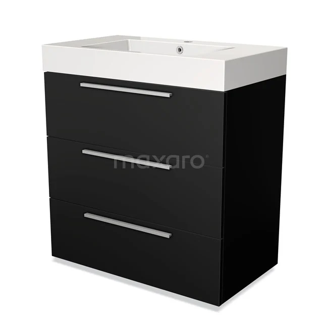 Black bathroom unit with white vanity units with basin, sleek metal handles, three drawers, modern design and durable materials.