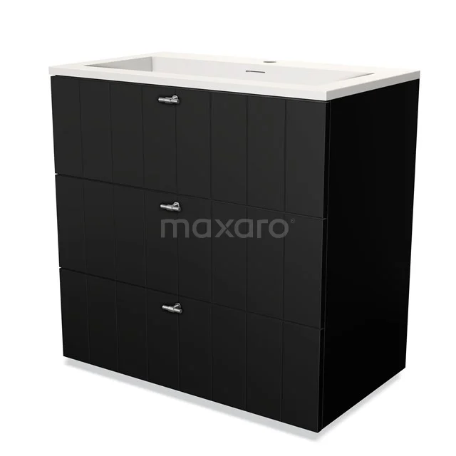 Black bathroom furniture set with three drawers, modern look, ceramic basin, ideal for stylish bathroom storage.