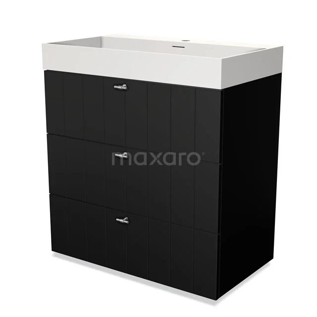 Moderne schwarze Badschrank mit weißem Waschbecken, drei Schubladen und schlankem Design, ideal für Stauraum im Badezimmer.