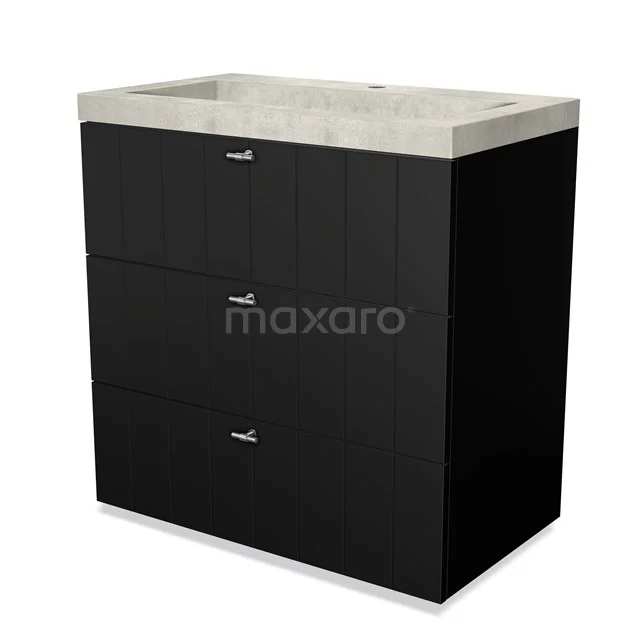 Black bathroom unit with vanity units with basin in light grey natural stone, three drawers and metal handles, contemporary sleek style.