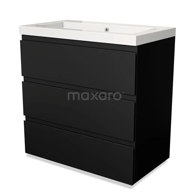 Zwarte wastafelkast met drie lades, witte keramische wasbak, strak design, ideaal voor moderne badkamers.