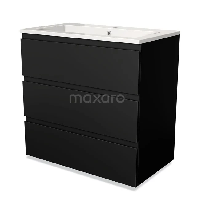 Black bathroom unit with three drawers, modern design, matte finish, including white ceramic basin.