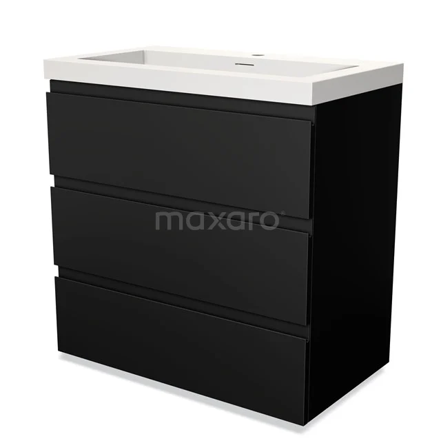 Schwarzer Badschrank mit weißem keramischen Waschbecken, modernes Design und Soft-Close-Schubladen, ideal für stilvolle Badezimmerlagerung.