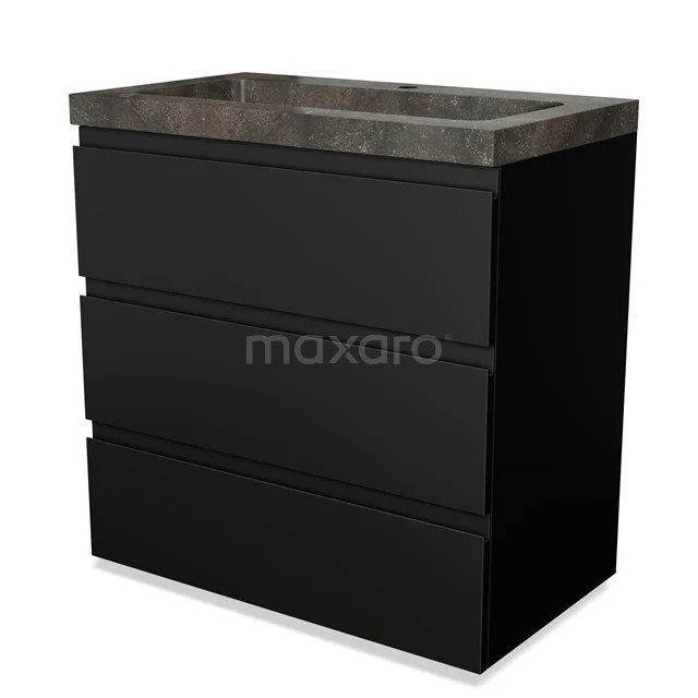 Black bathroom furniture set with three drawers, concrete-look basin worktop, perfect for modern bathroom design.
