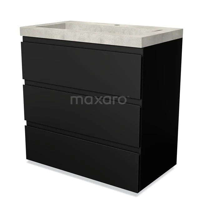 Black bathroom unit with three drawers and a concrete basin worktop, sleek and modern design for stylish bathroom design.