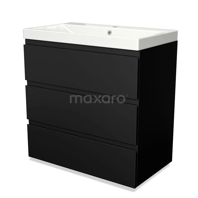 Black bathroom unit with three drawers and white basin, modern design series, ideal for stylish bathroom storage.
