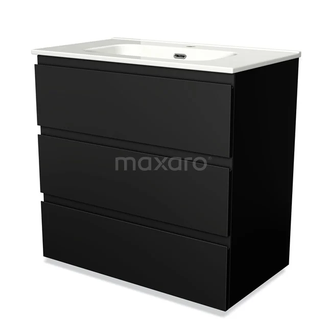 Black wooden bathroom unit with three drawers, white ceramic vanity units with basin and sleek design, ideal for modern bathrooms.