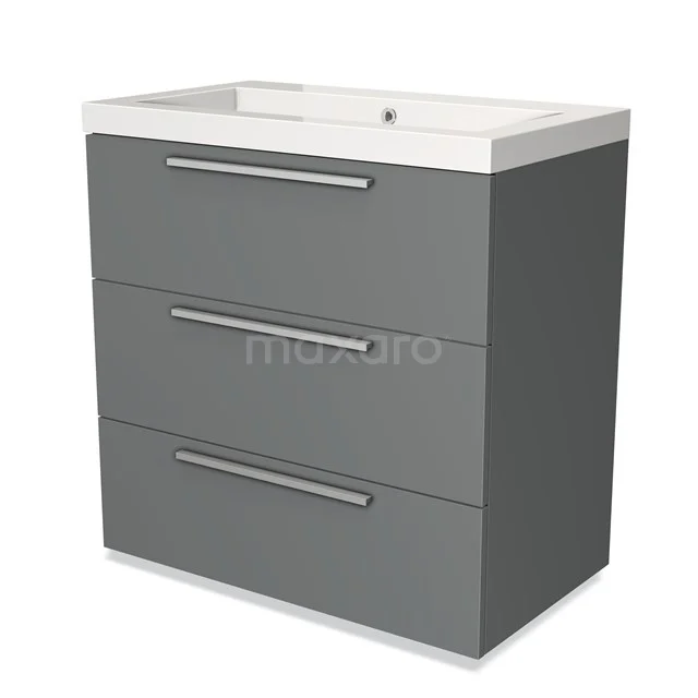 Modulo Bathroom furniture with sink | 80 cm Mid grey Flat front Mineral marble 3 drawers BMW19-00050 Grey bathroom cabinet with three drawers, white basin and sleek metal handles, ideal for stylish bathroom storage.