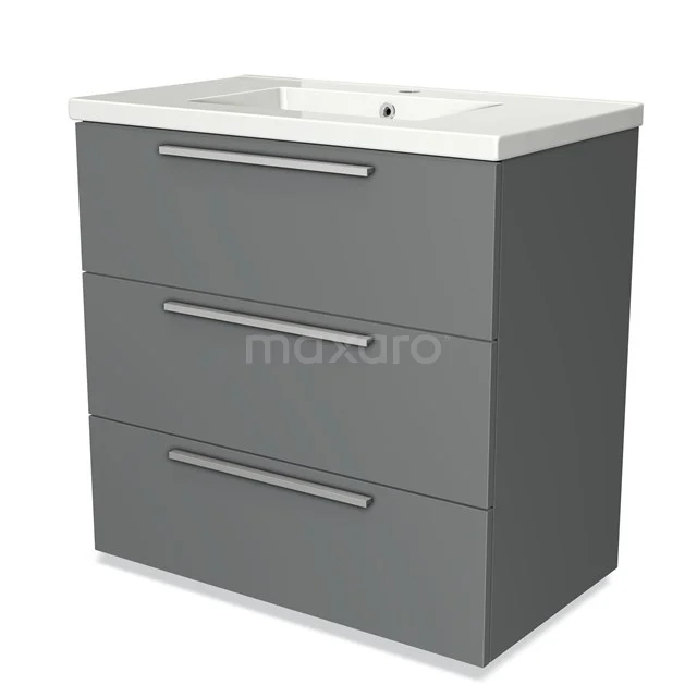 Grey Bathroom unit with three drawers, metal handles and white ceramic basin; modern design for stylish bathrooms.