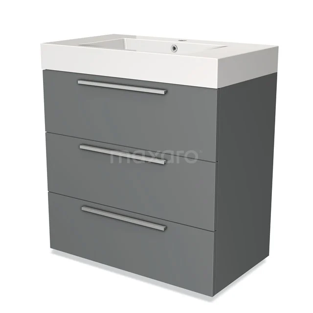Grey bathroom cabinet with three drawers and a white basin, modern design, ideal for stylish bathroom storage.