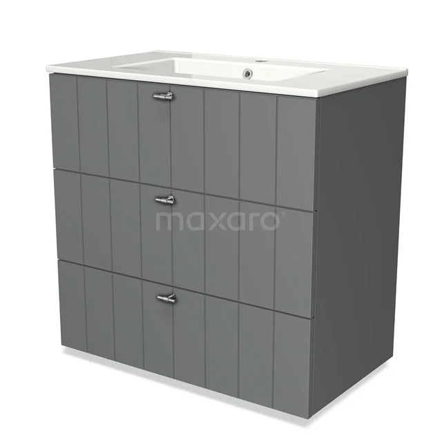 Grey vanity units with basin, three drawers and modern vertical lines, ideal for stylish bathroom storage.
