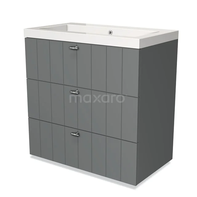 Grey vanity set with white basin, three drawers and modern ribbed pattern, ideal storage space for a stylish bathroom.