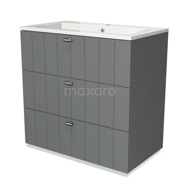 Grey bathroom cabinet with basin, three drawers and modern ribbed pattern; stylish storage cabinet for a contemporary bathroom.
