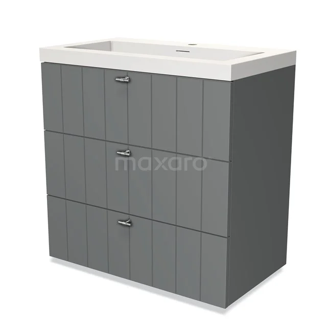 Grauer Badschrank mit drei Schubladen und integriertem Waschbecken, modernes Design und vertikale Linien für eine stilvolle Ausstrahlung.