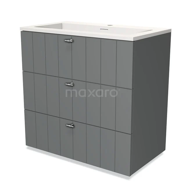 Grey bathroom unit with three drawers, built-in vanity units with basin and vertical lines, modern design made of high-quality MDF material.