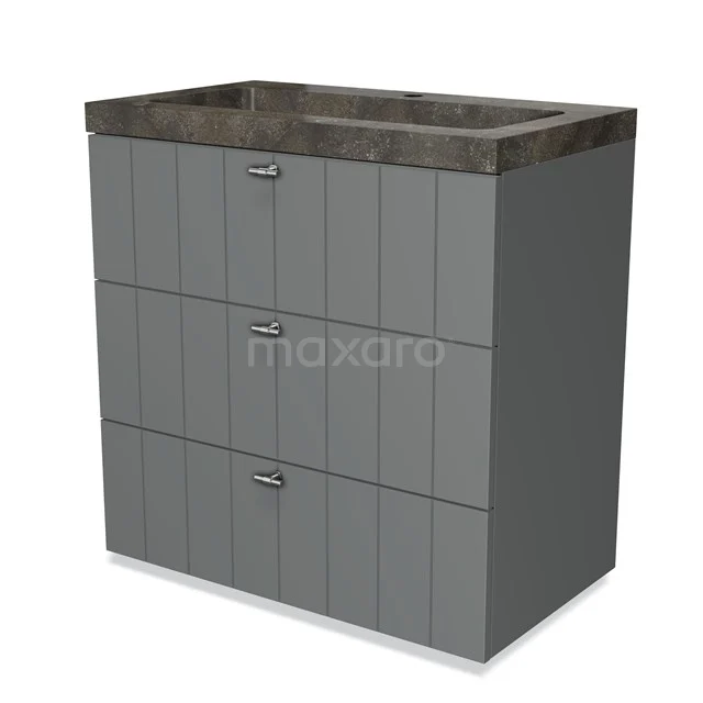 Grey vanity set with three drawers, anthracite basin worktop and vertical lines, ideal for a stylish bathroom.