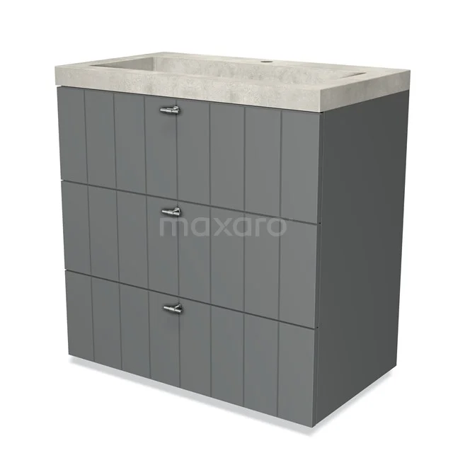 Grey bathroom cabinet with three drawers, vertical lines and a light grey stone sink, perfect for stylish bathroom space.