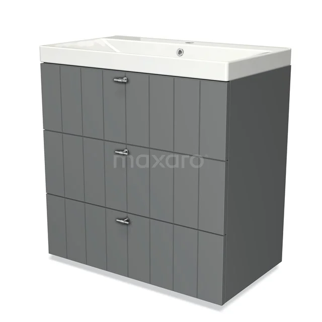 Grey Bathroom unit with basin, three drawers with vertical lines, modern design, ideal for compact bathrooms.