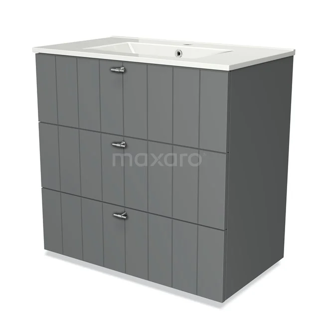 Grey bathroom furniture set with three drawers, white ceramic sink and vertical line structure for a modern bathroom style.
