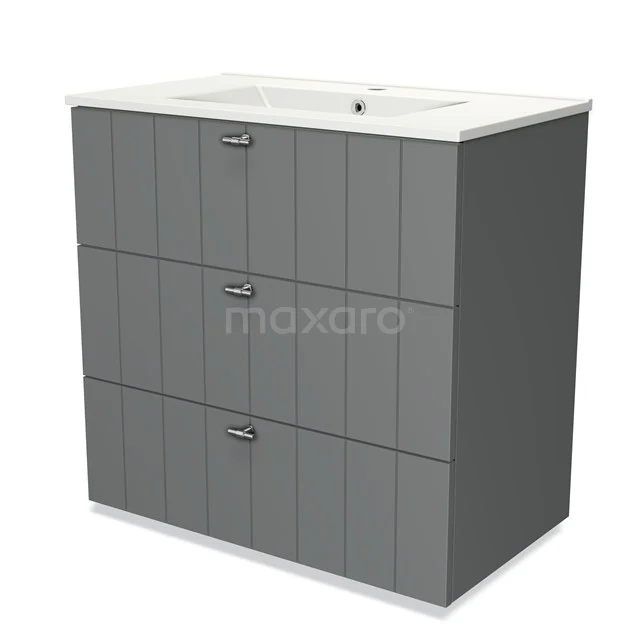 Grey bathroom unit with white vanity units with basin, modern slatted panels and three drawers, perfect for stylish bathroom storage.