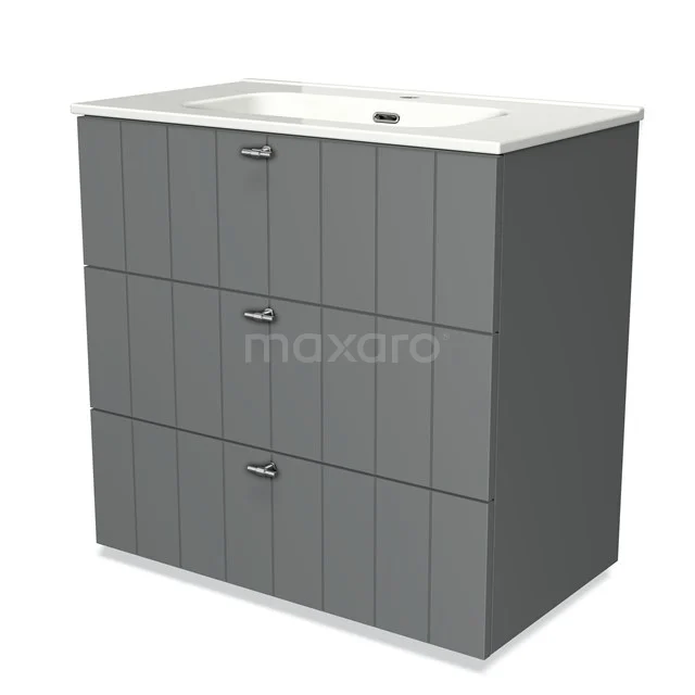 Grey bathroom furniture set with basin, modern slatted finish, three drawers and chrome handles. Perfect for a stylish bathroom.