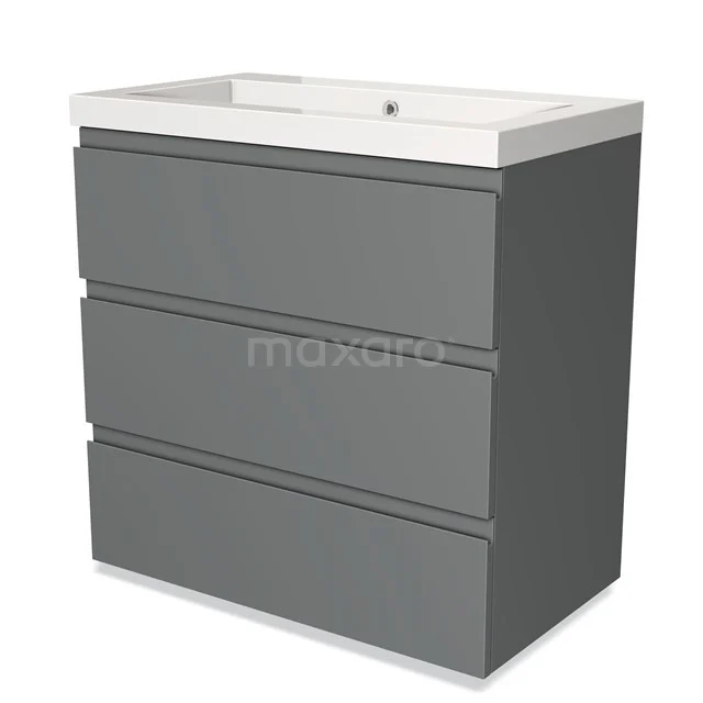 Grey bathroom cabinet with three drawers and white ceramic basin worktop, modern design, ideal for bathroom storage.