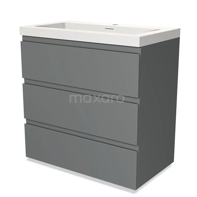 Grey bathroom cabinet with three drawers, modern finish and white basin worktop, ideal for storage space in the bathroom.