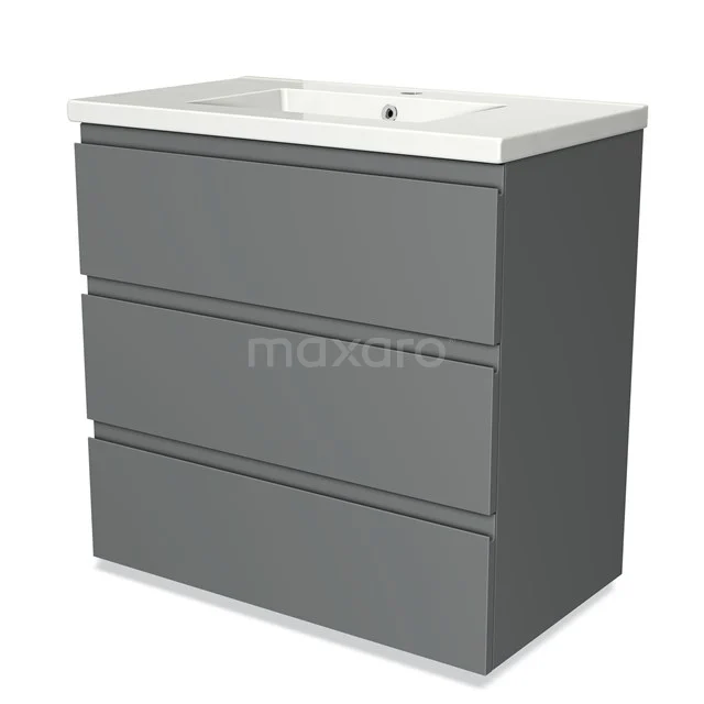 Modulo Bathroom furniture with sink | 80 cm Mid grey Handle-less front Ceramic 3 drawers BMW19-00089 Grey bathroom furniture set with built-in ceramic basin and three drawers, modern design.