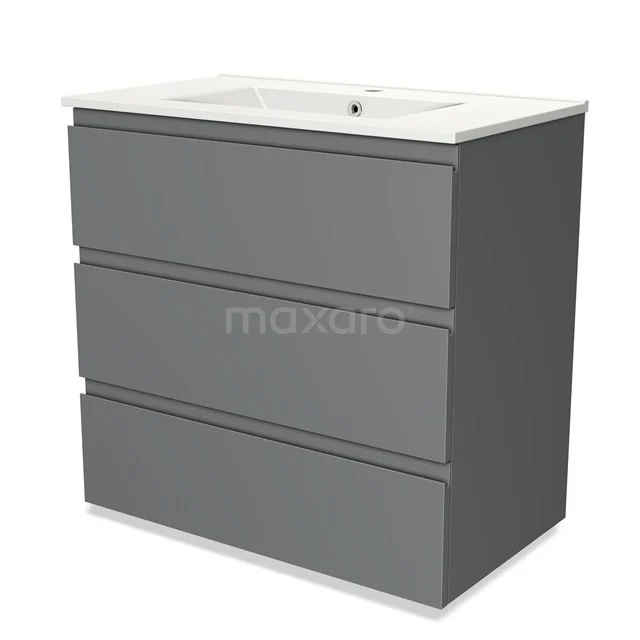 Grey vanity unit with three drawers, clean shapes and high-gloss finish, ideal for modern bathrooms.