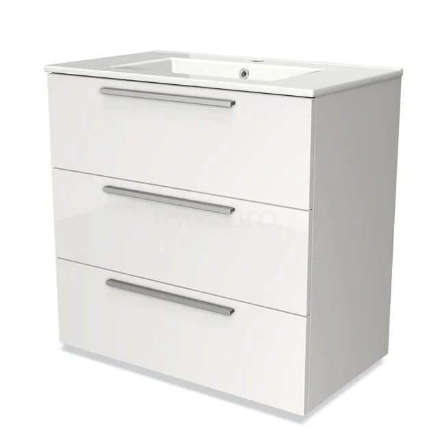 White Bathroom unit with basin, three drawers with silver handles, modern design for a stylish bathroom.