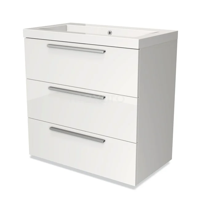 White Bathroom unit with three drawers, sleek chrome handles, and integrated basin, ideal for modern bathrooms.