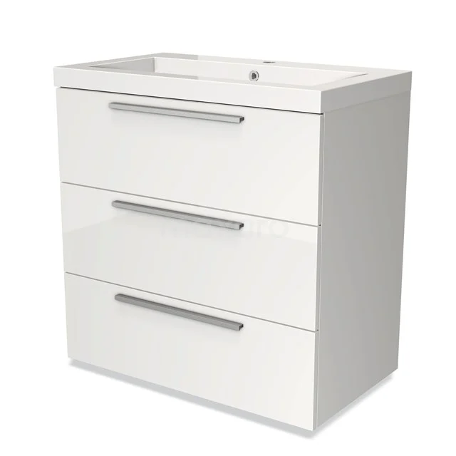 Modulo Vanity units with basin | 80 cm High-gloss white Flat front Mineral marble 3 drawers BMW19-00099