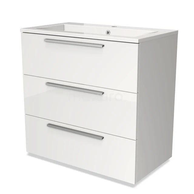 White bathroom cabinet with three drawers and chrome handles, perfect for modern bathroom storage.