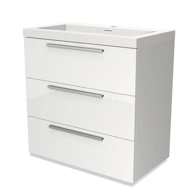 Weißes Badezimmermöbel mit drei Schubladen und chromfarbenen Griffen, modernes Design, geeignet für ein stilvolles und organisiertes Badezimmer.