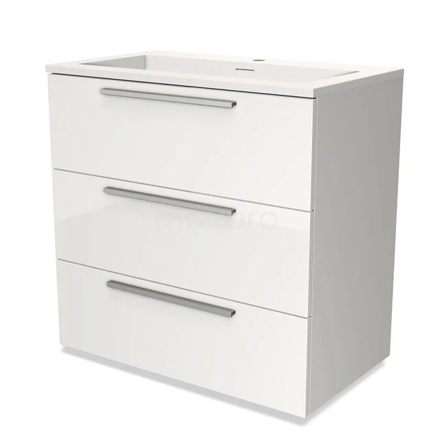 Modulo Vanity units with basin | 80 cm High-gloss white Flat front Solid surface 3 drawers BMW19-00102