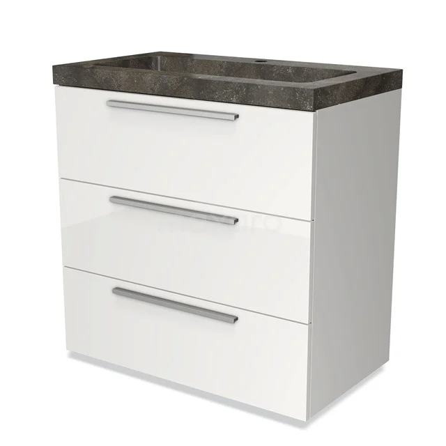 White bathroom cabinet with three drawers, black marble basin worktop and metal handles, ideal for stylish bathroom storage.
